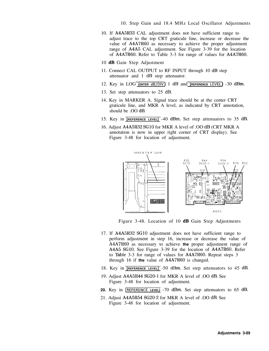 HP 8568B manual DB Gain Step Adjustment, Location of 10 dB Gain Step Adjustments 