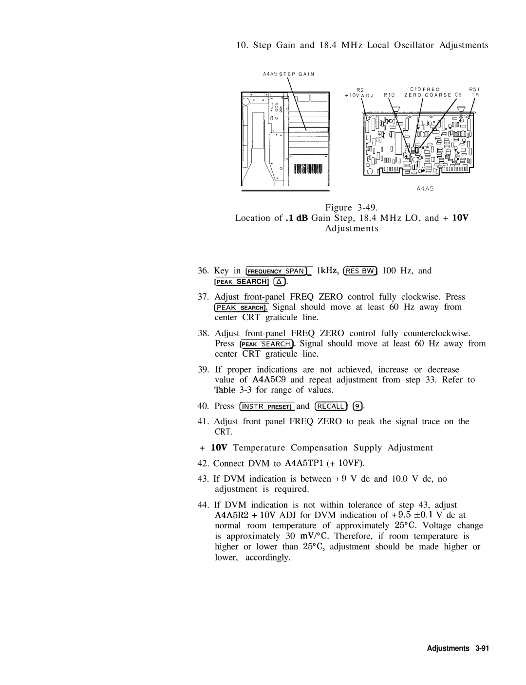 HP 8568B manual Key in Frequency Span 1kHz, REs 100 Hz, + 1OV Temperature Compensation Supply Adjustment 