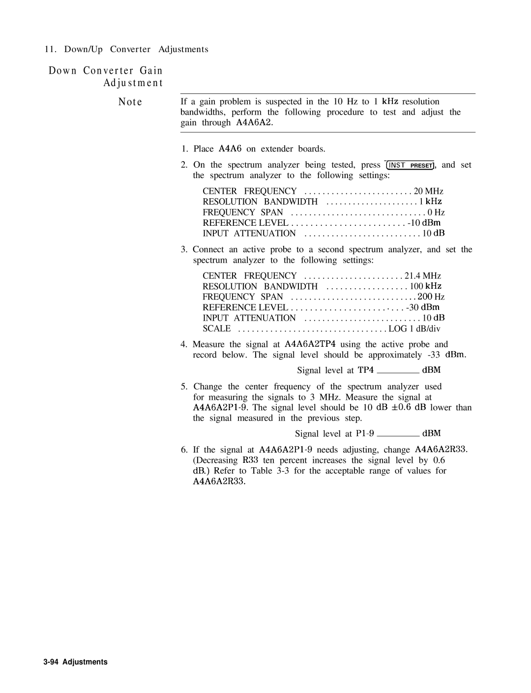 HP 8568B manual Down Converter Gain Adjustment 