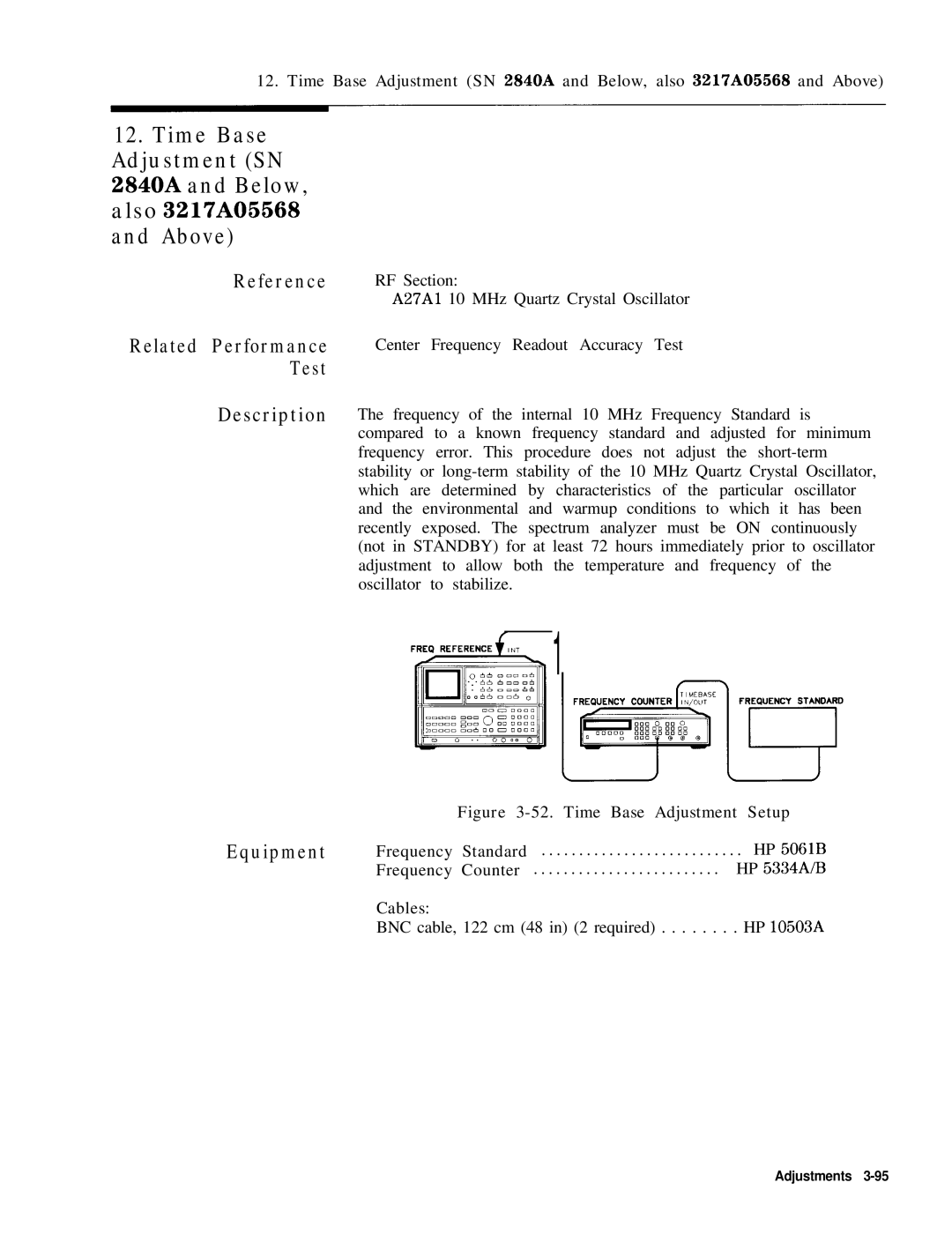 HP 8568B manual Time Base Adjustment Setup, Cables 