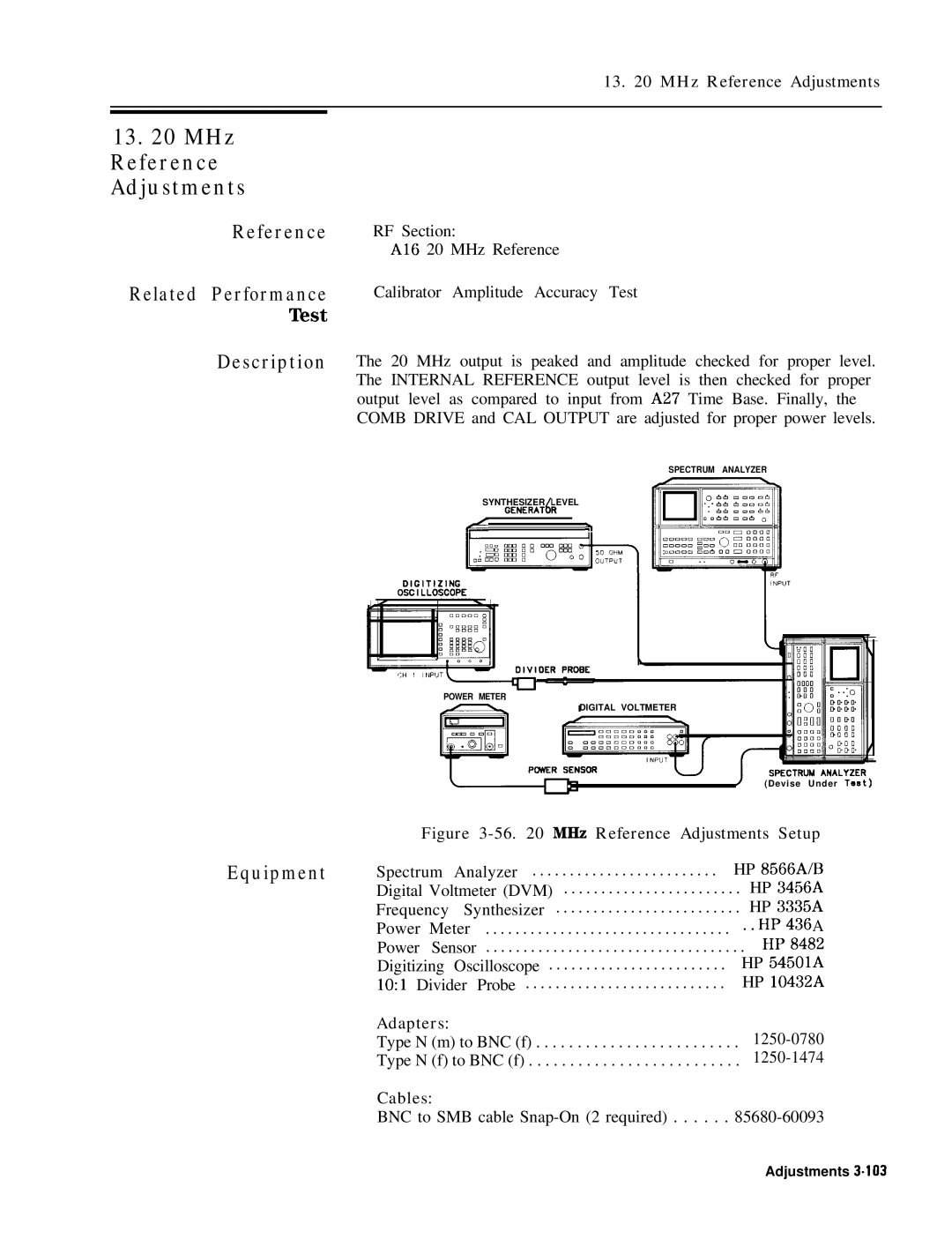 HP 8568B 13 MHz, MHz Reference Adjustments, Type N m to BNC f Type N f to BNC f, BNC to SMB cable Snap-On 2 required 