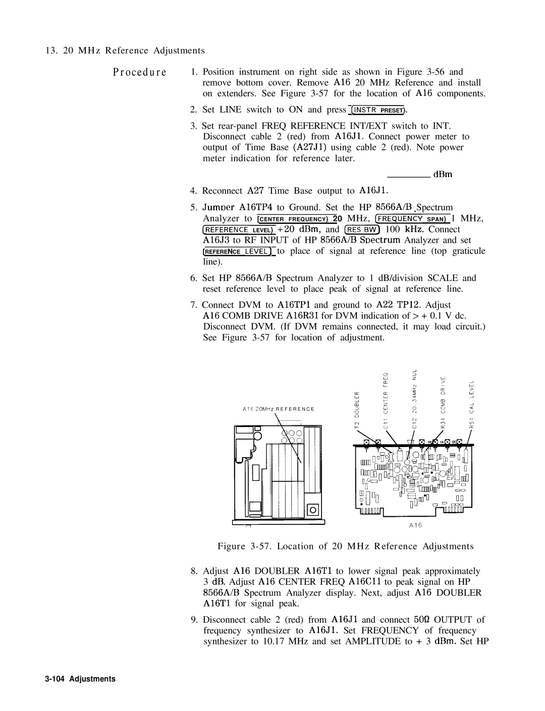 HP 8568B manual Location of 20 MHz Reference Adjustments 