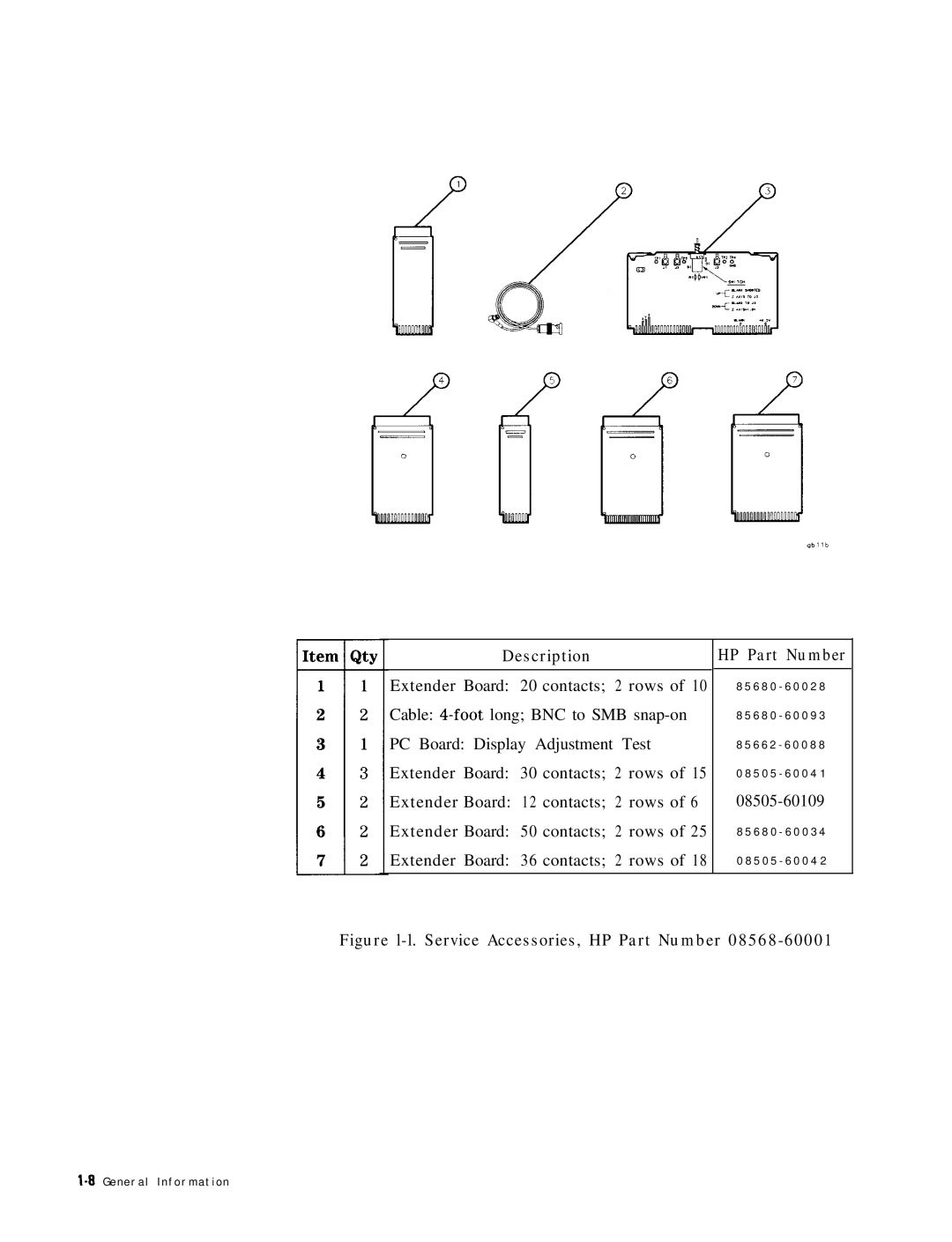 HP 8568B manual 08505-60109, Figure l-l. Service Accessories, HP Part Number 