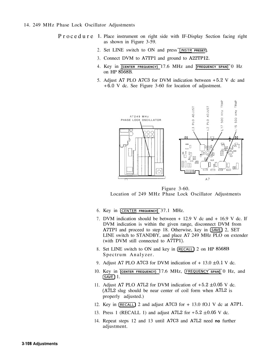 HP 8568B manual Location of 249 MHz Phase Lock Oscillator Adjustments 