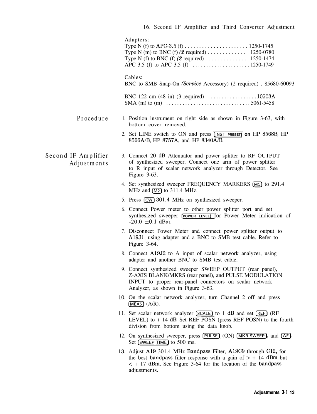 HP 8568B manual Second if Amplifier Adjustments, Second if Amplifier and Third Converter Adjustment Adapters 