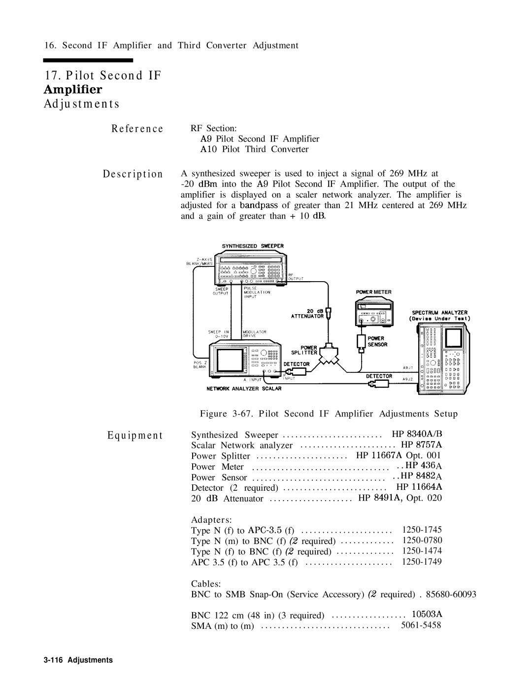 HP 8568B manual Pilot Second if Amplif’ier Adjustments, Type N m to BNC f 2 required Type N f to BNC f 2 required 