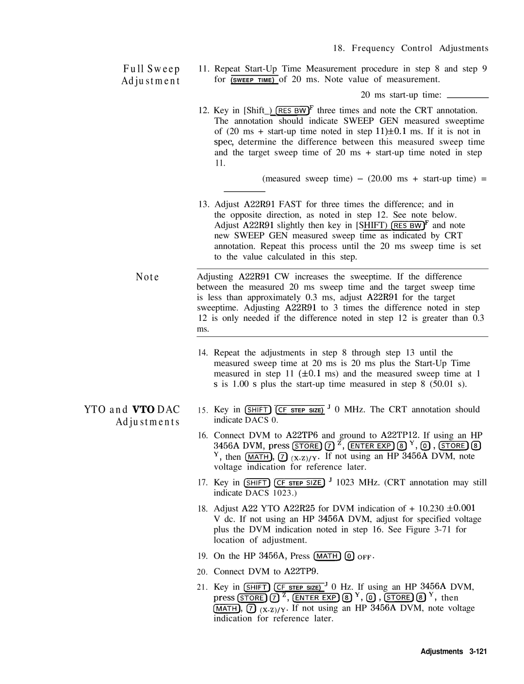 HP 8568B manual Full Sweep Adjustment, YTO and VT0 DAC Adjustments 