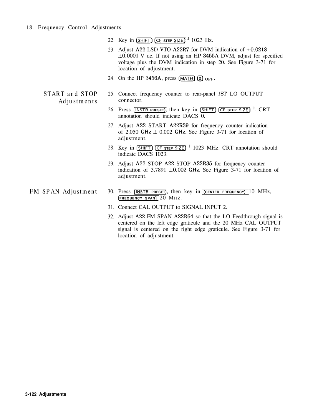 HP 8568B manual Start and Stop Adjustments, Key in ml CF Step Size J 1023 Hz 