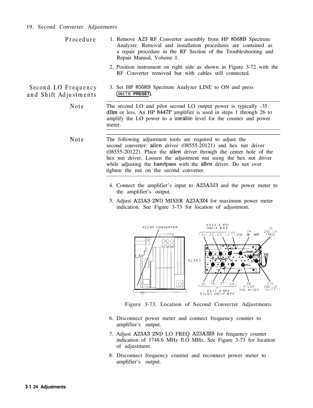 HP manual Second LO Frequency and Shift Adjustments, Set HP 8568B Spectrum Analyzer Line to on and press 