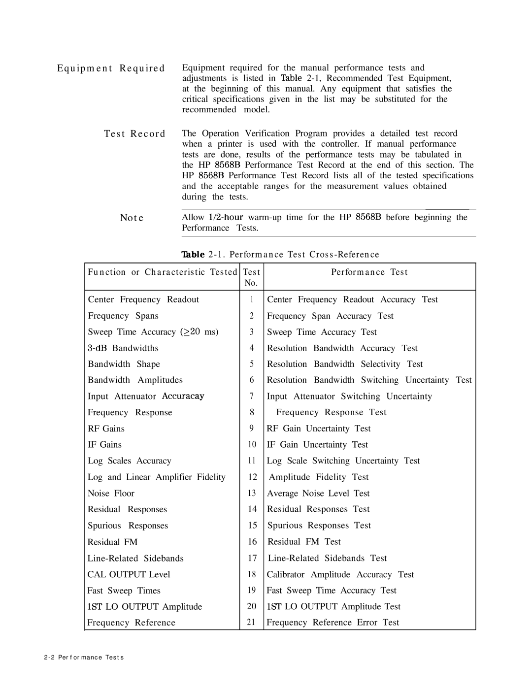 HP 8568B manual Able 2-1. Performance Test Cross-Reference 