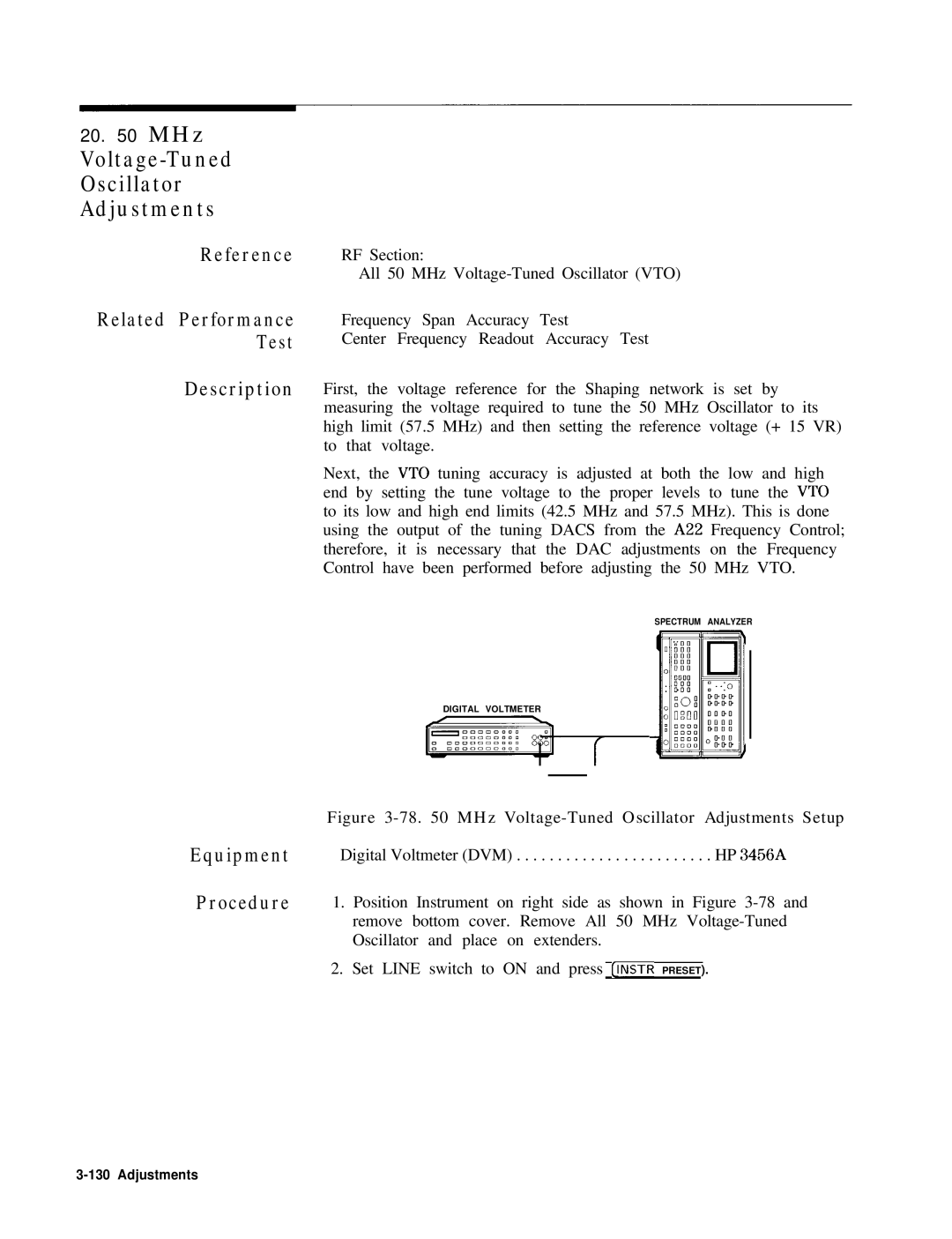 HP 8568B manual MHz Voltage-Tuned Oscillator Adjustments Setup 