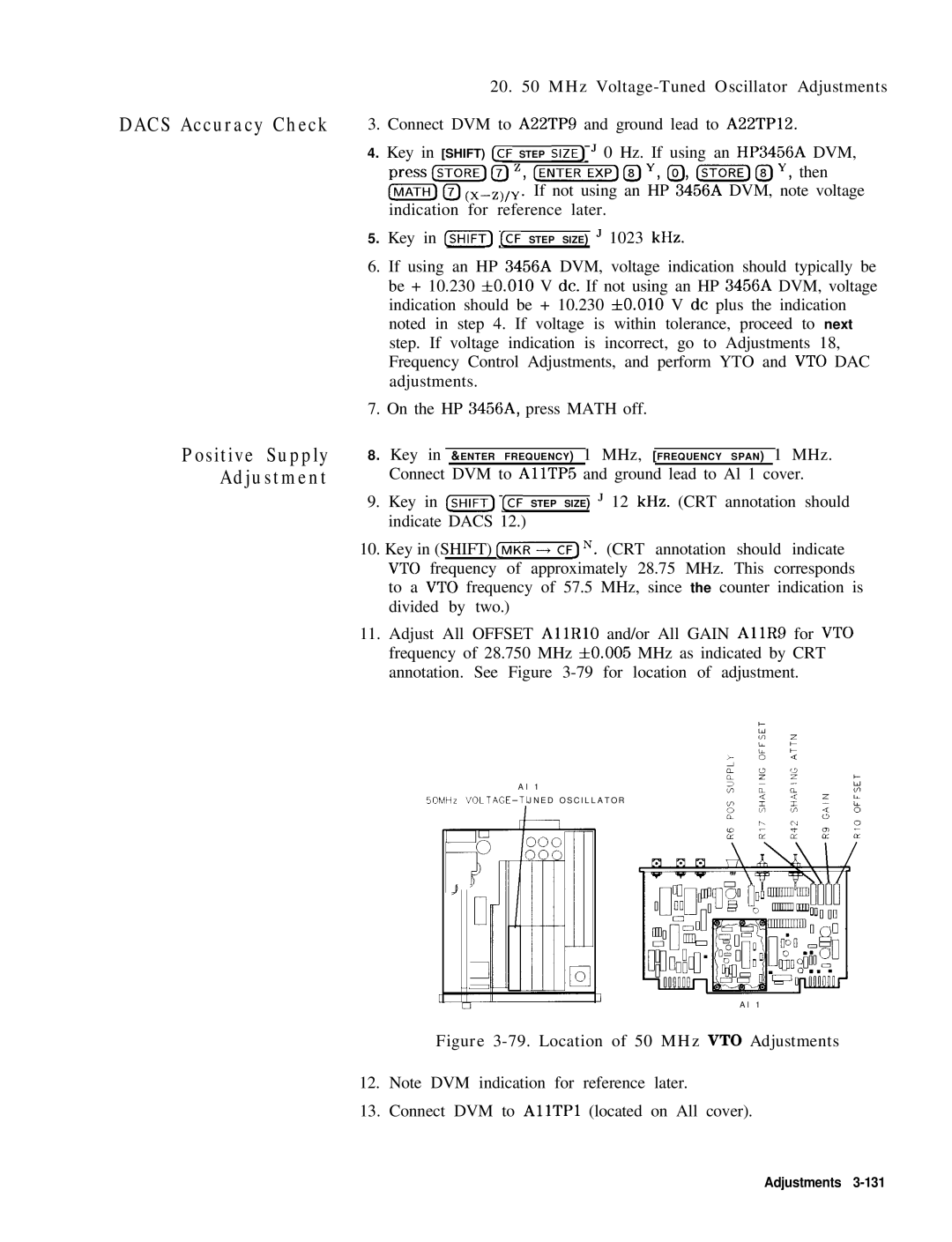 HP 8568B manual Dacs Accuracy Check Positive Supply Adjustment, MHz Voltage-Tuned Oscillator Adjustments 