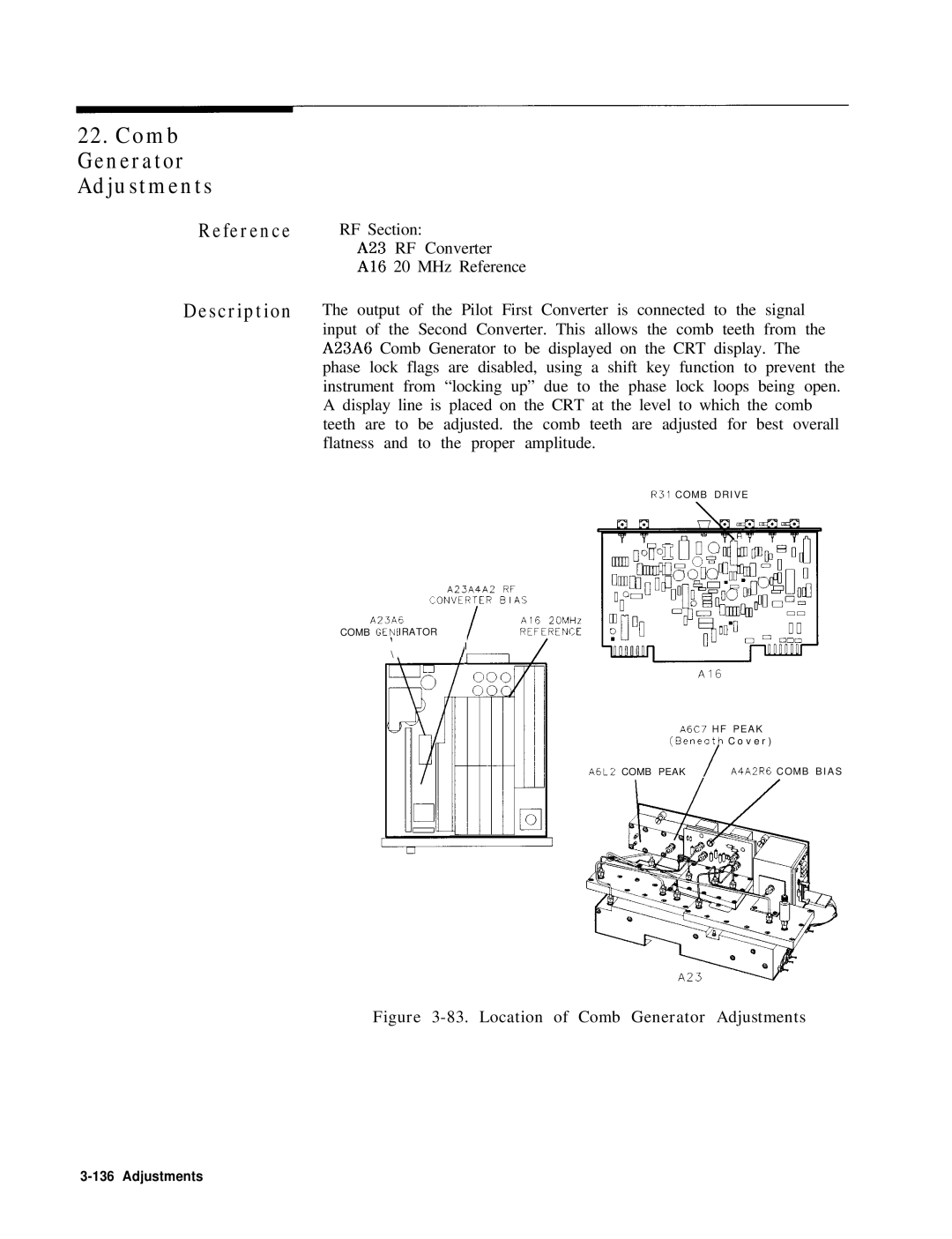 HP 8568B manual Location of Comb Generator Adjustments 