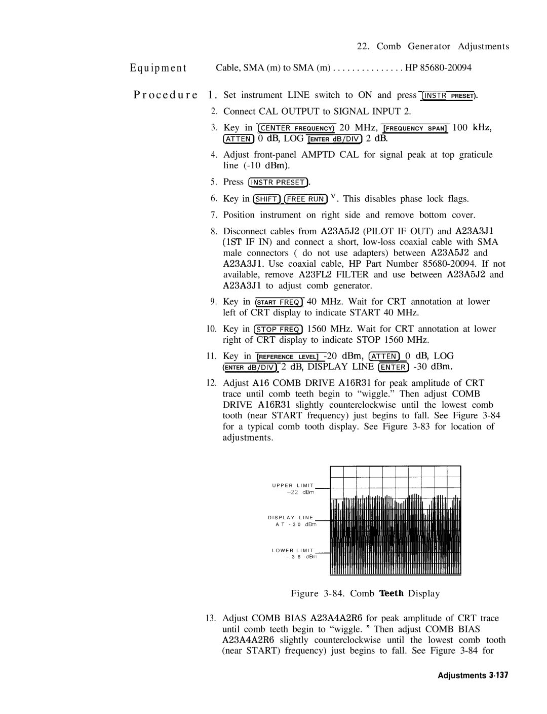 HP 8568B manual Comb Generator Adjustments, Comb Teeth Display 