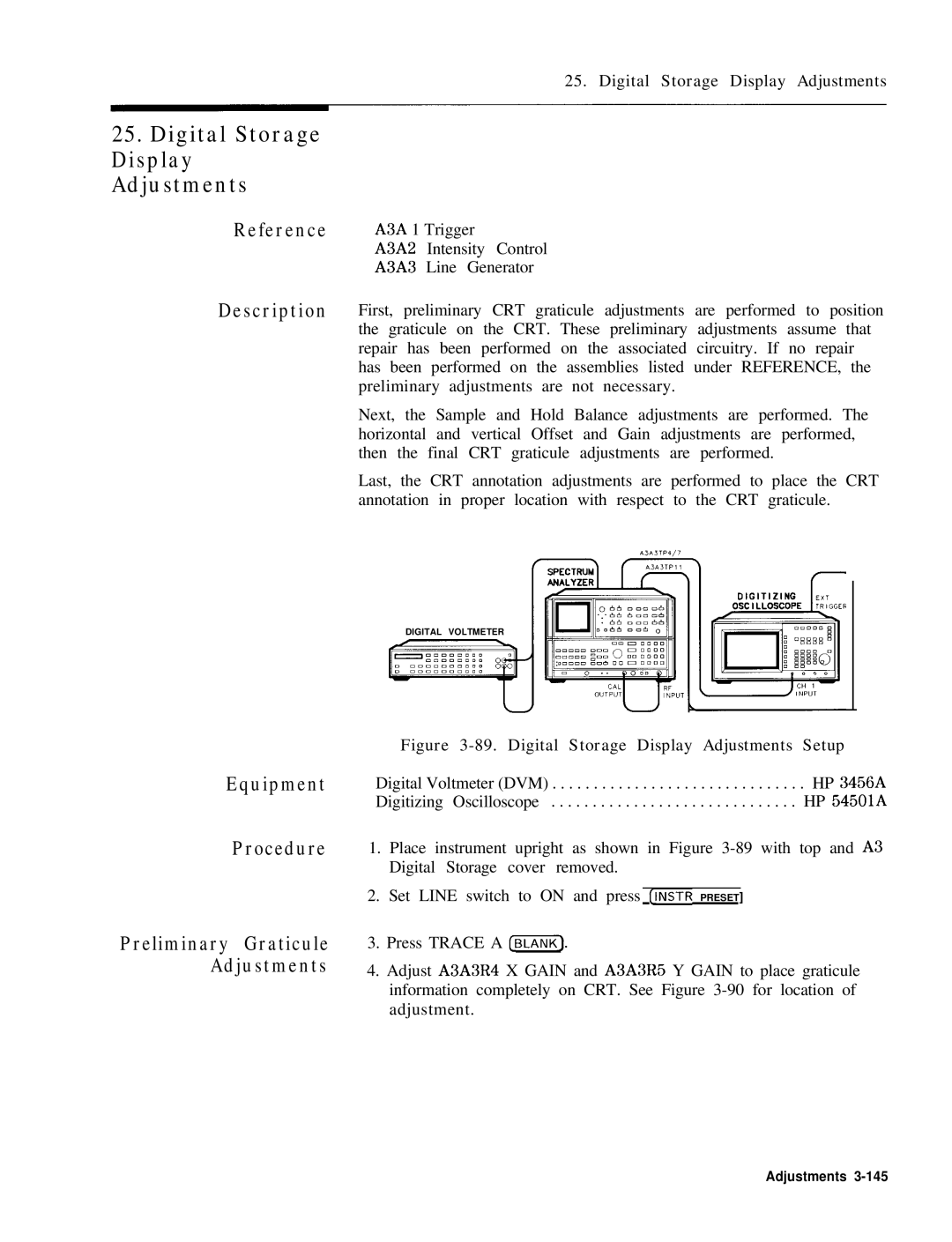 HP 8568B Digital Storage Display Adjustments, Reference Description Equipment Procedure, Preliminary Graticule Adjustments 