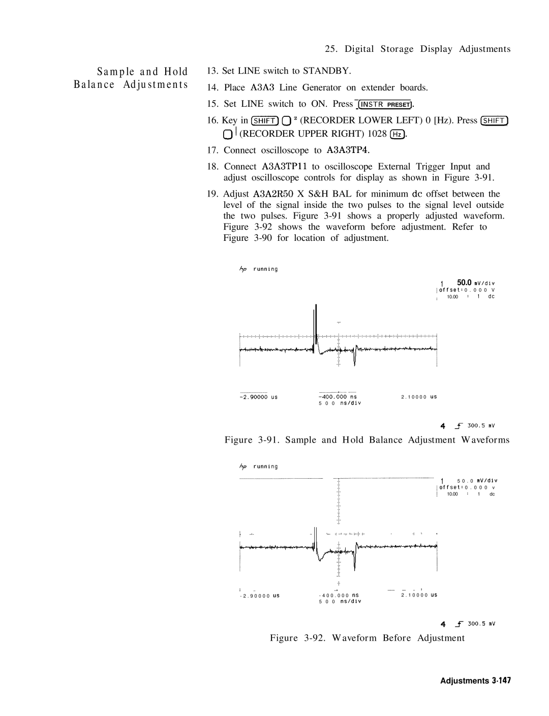 HP 8568B manual Sample and Hold Balance Adjustments, Sample and Hold Balance Adjustment Waveforms 