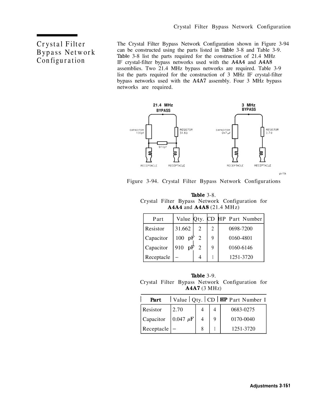 HP 8568B manual Crystal Filter Bypass Network Configuration 