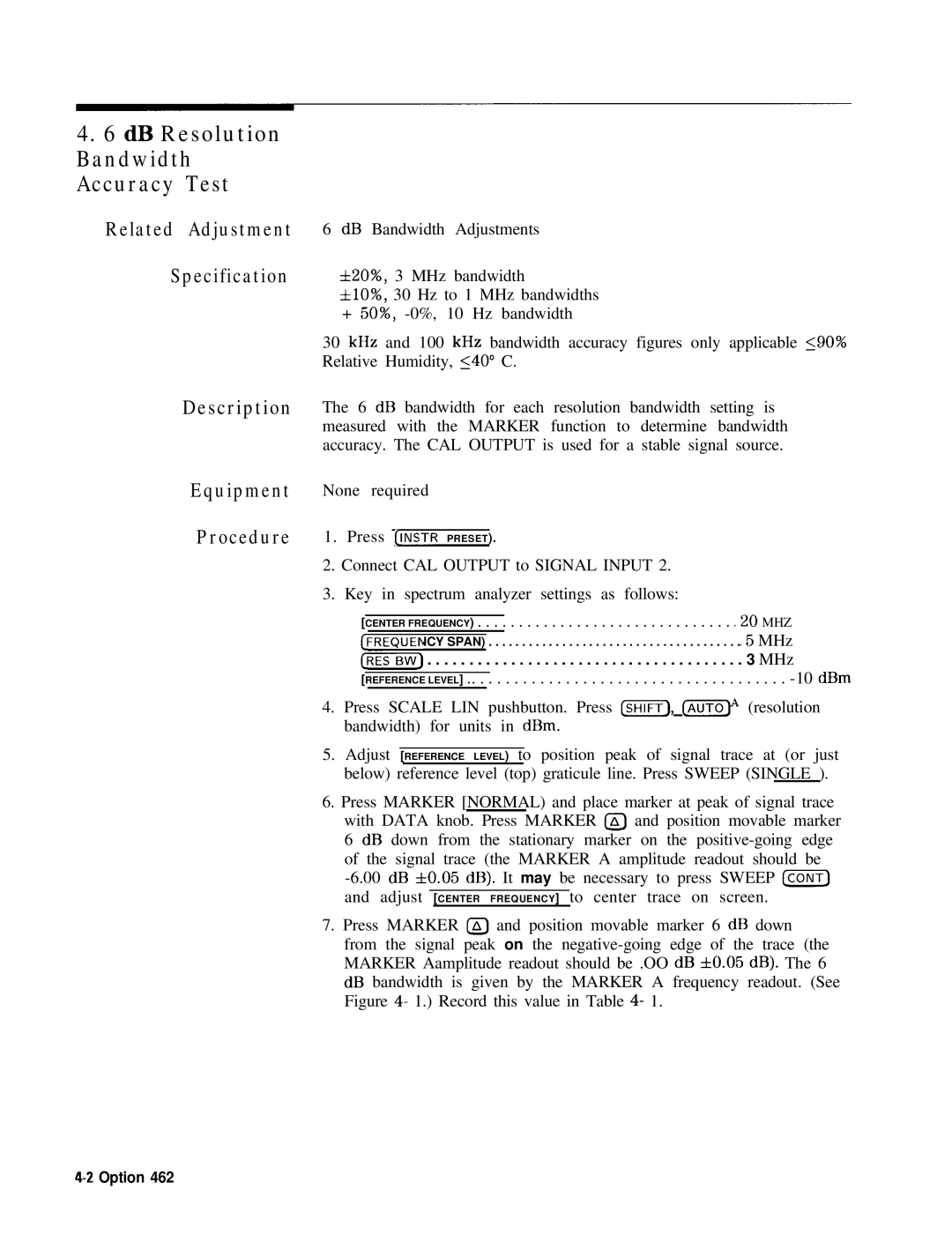 HP 8568B manual DB Resolution Bandwidth Accuracy Test, Description Equipment Procedure, Related Adjustment Specification 