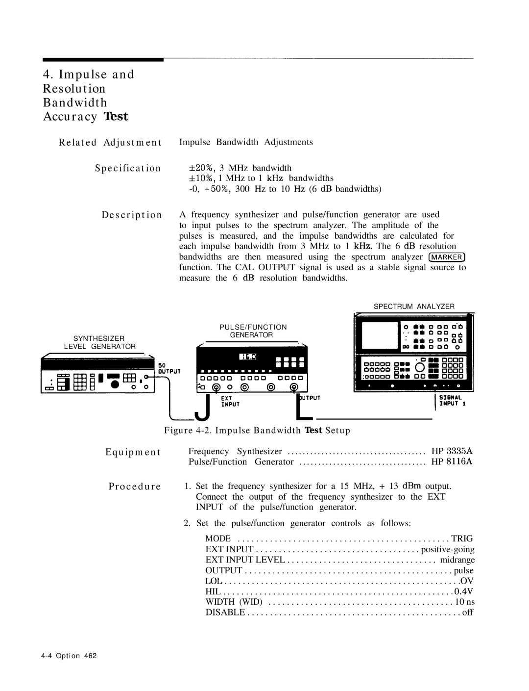 HP 8568B manual Impulse and Resolution Bandwidth Accuracy Test 