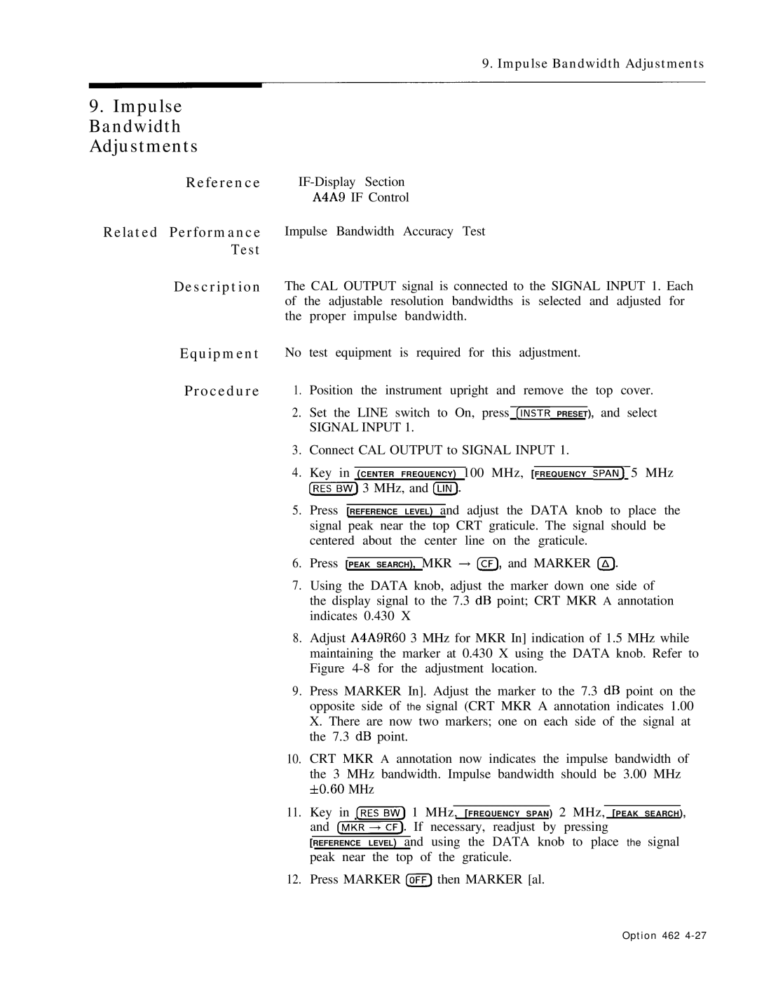 HP 8568B manual Impulse Bandwidth Adjustments 