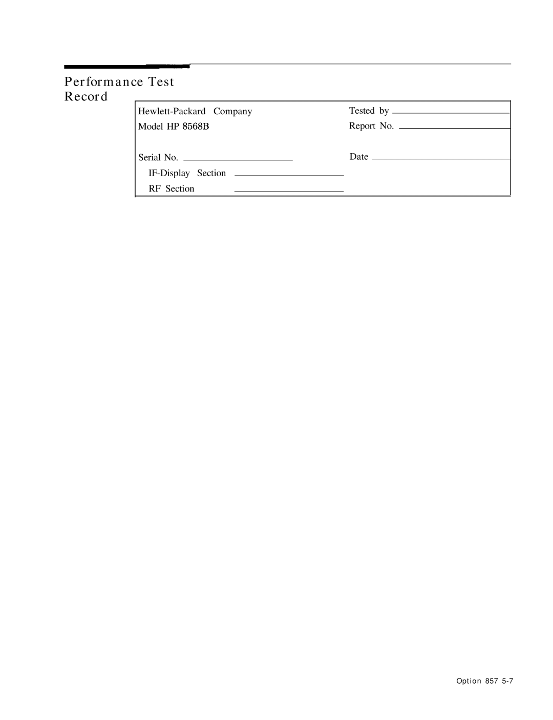 HP 8568B manual Performance Test Record 