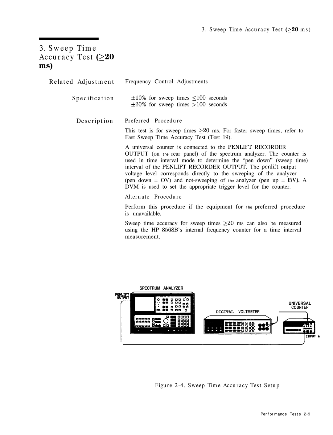 HP 8568B manual Sweep Time Accuracy Test 220 ms, Sweep Time Accuracy Test Setup 