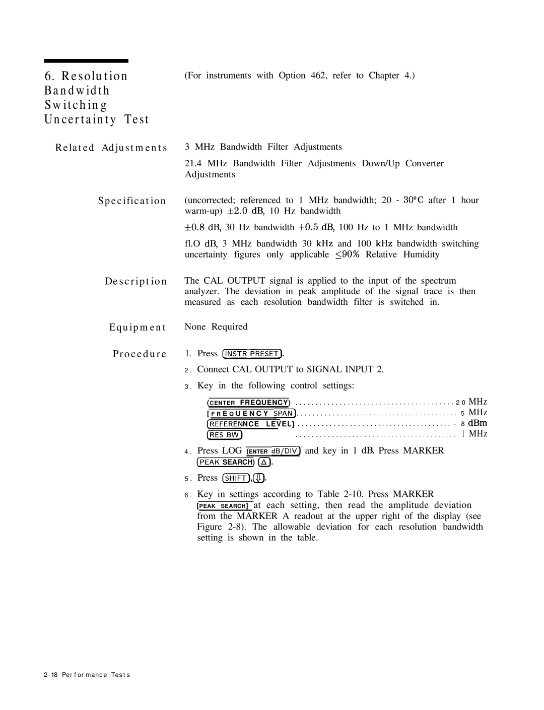 HP 8568B manual Resolution Bandwidth Switching Uncertainty Test, Procedure 1. Press, DBm 