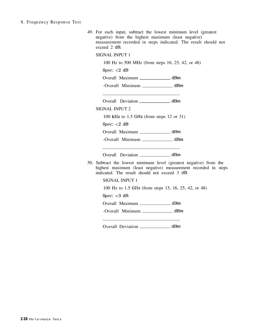 HP 8568B manual Hz to 1.5 GHz from steps 15, 16, 25, 42, or, Spec ~3 dB Overall Maximum DBm Minimum Deviation 