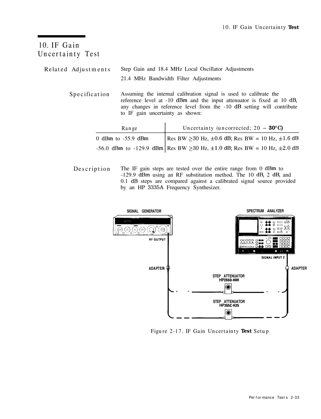 HP 8568B manual If Gain Uncertainty Test, DBm to -55.9 dBm DBm to -129.9 dBm 