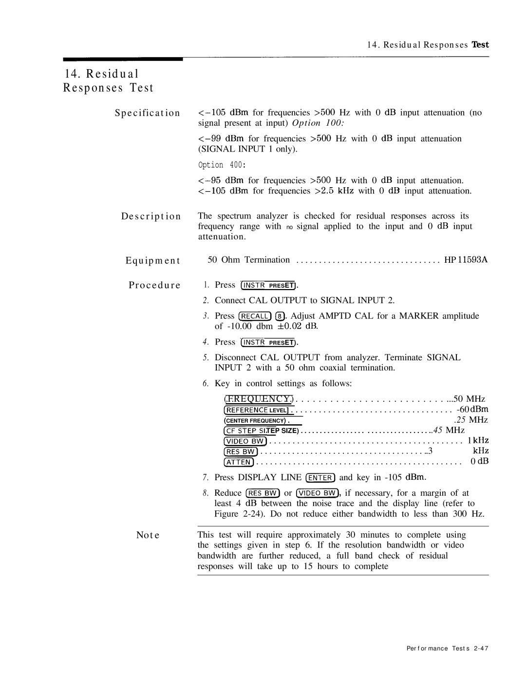 HP 8568B manual Residual Responses Test, Procedure 1. Press Instr Preset, 60 dBm 