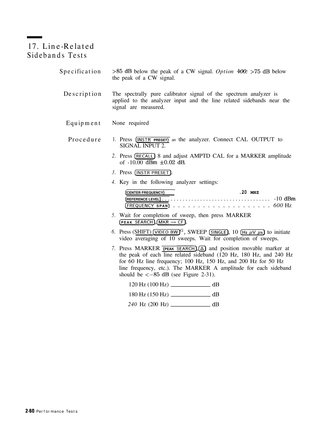 HP 8568B manual Line-Related Sidebands Tests, Specification Description Equipment Procedure, 10 dBm 