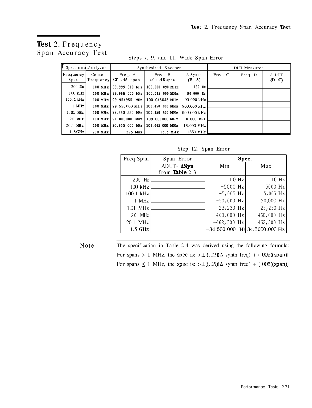 HP 8568B ‘I&t 2. Frequency Span Accuracy Test, Test 2. Frequency Span Accuracy Test, Steps 7, 9, and 11. Wide Span Error 