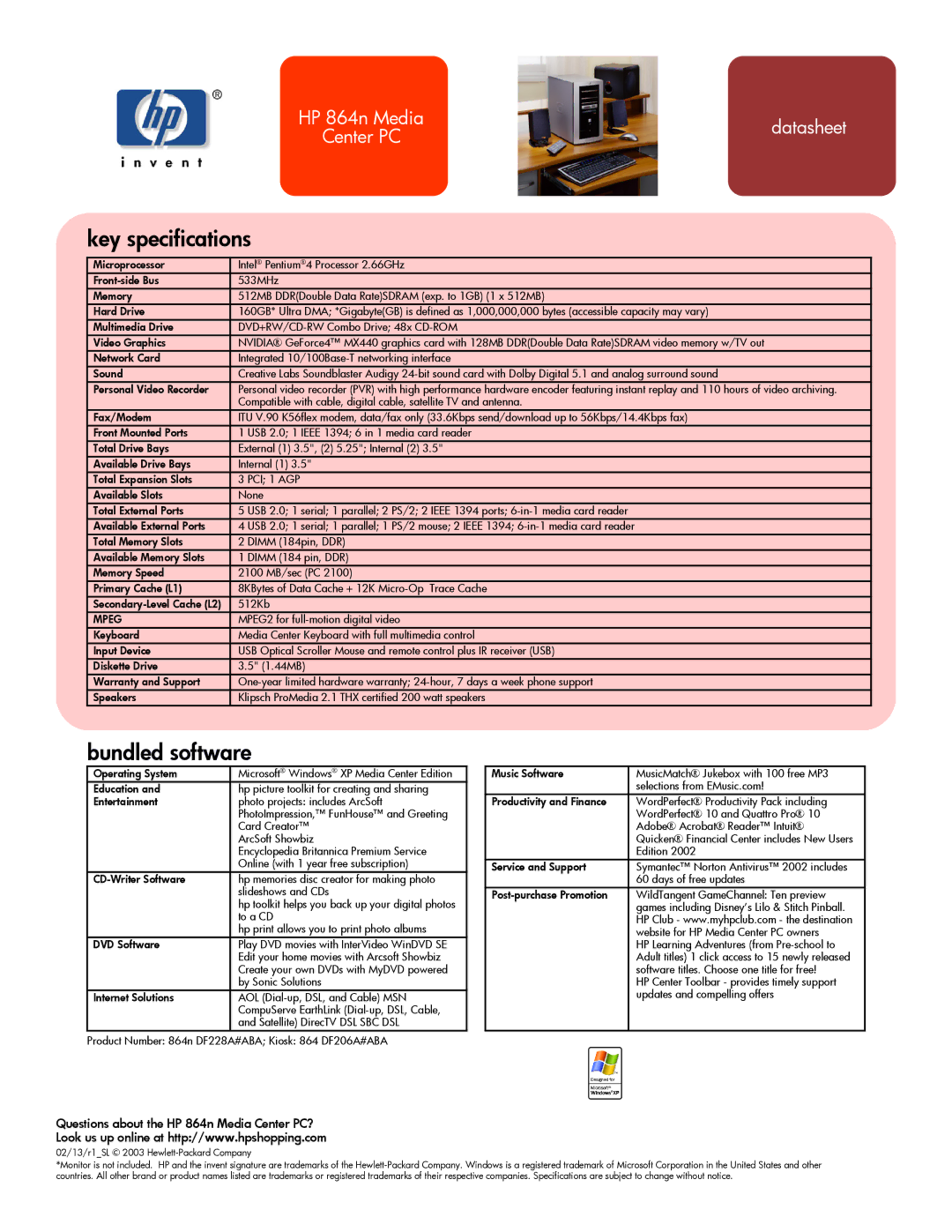 HP manual Key specifications, Bundled software, Questions about the HP 864n Media Center PC?, Mpeg 