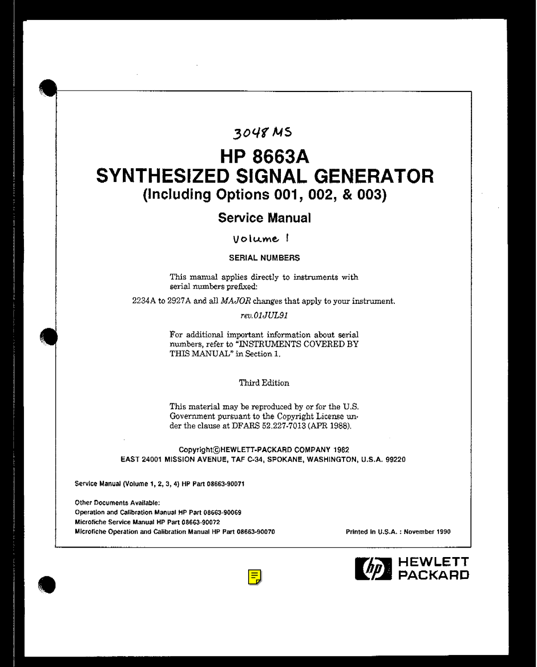 HP 8663A manual Synthesized Signal Generator 