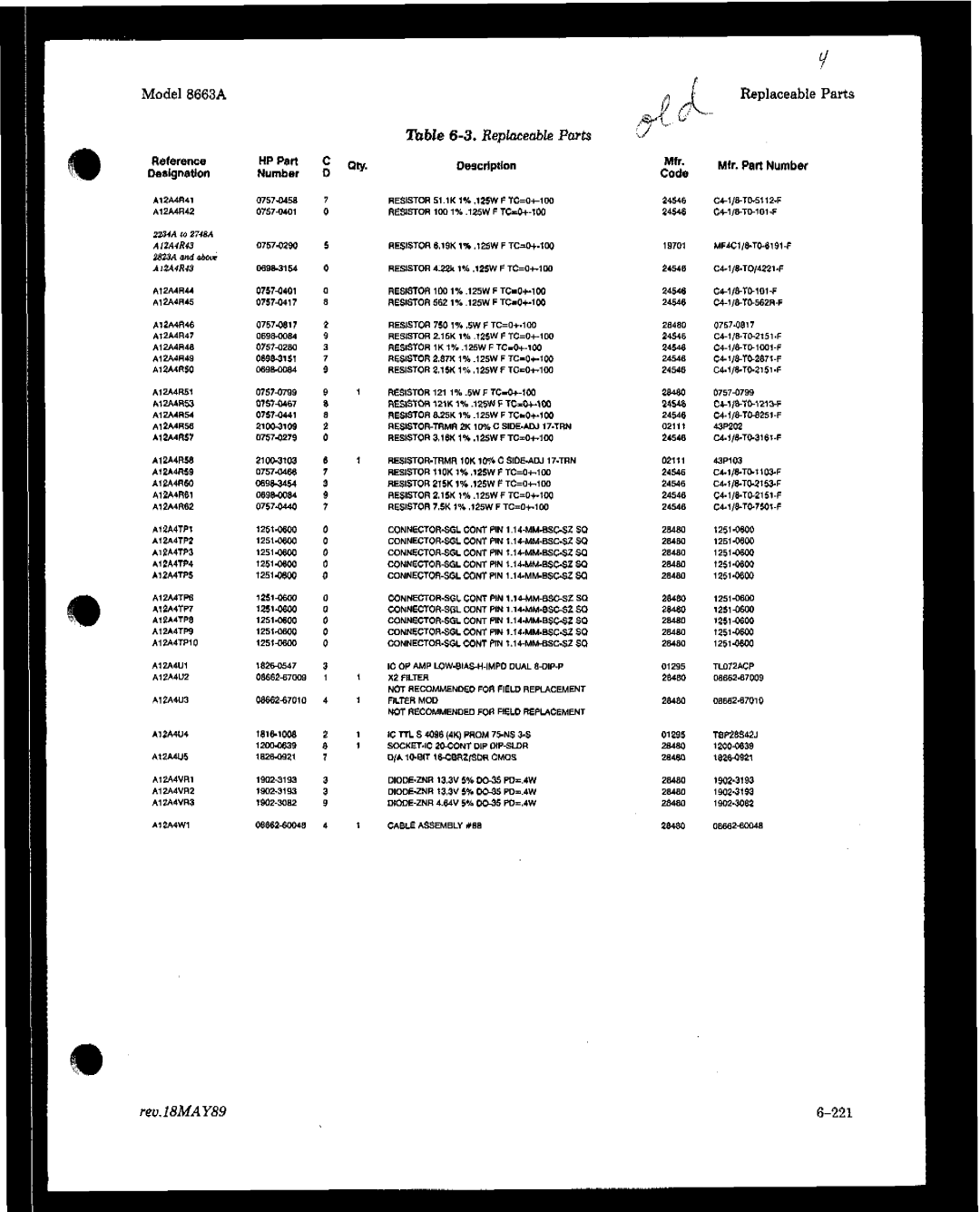 HP 8663A manual Model 6663A ReuS8MAY89 221 