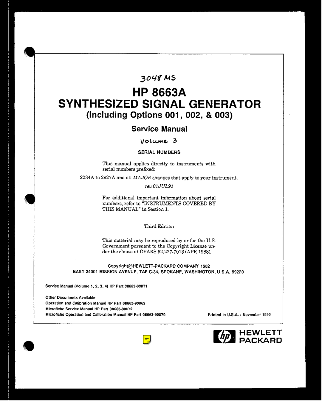 HP 8663A manual Synthesized Signal Generator 