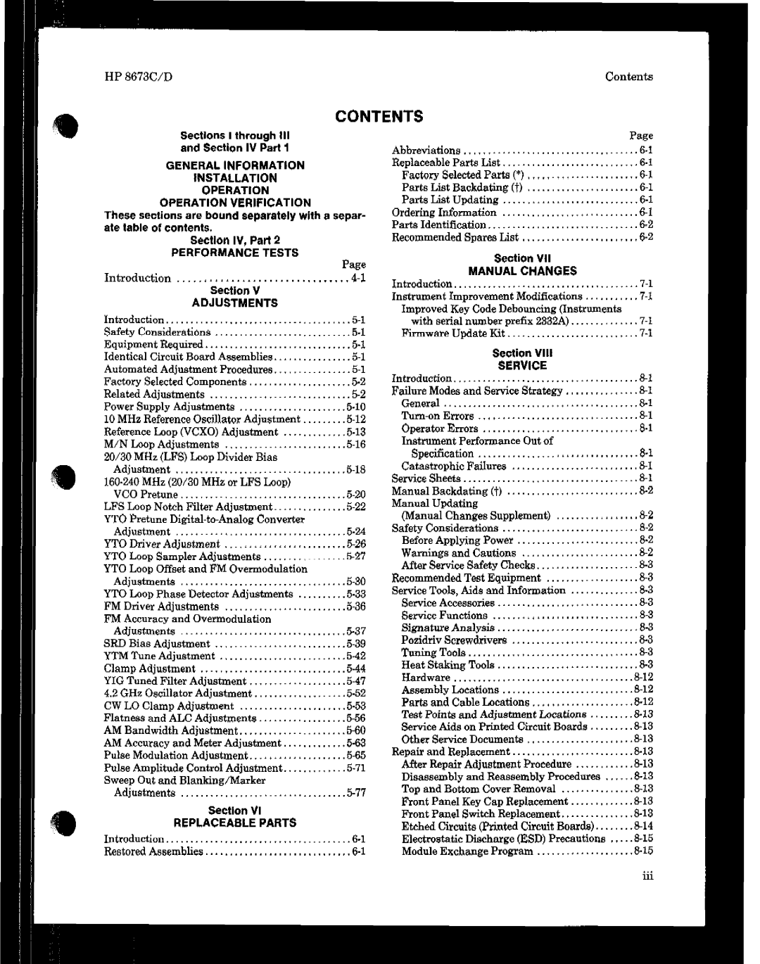 HP 8673 manual Contents 