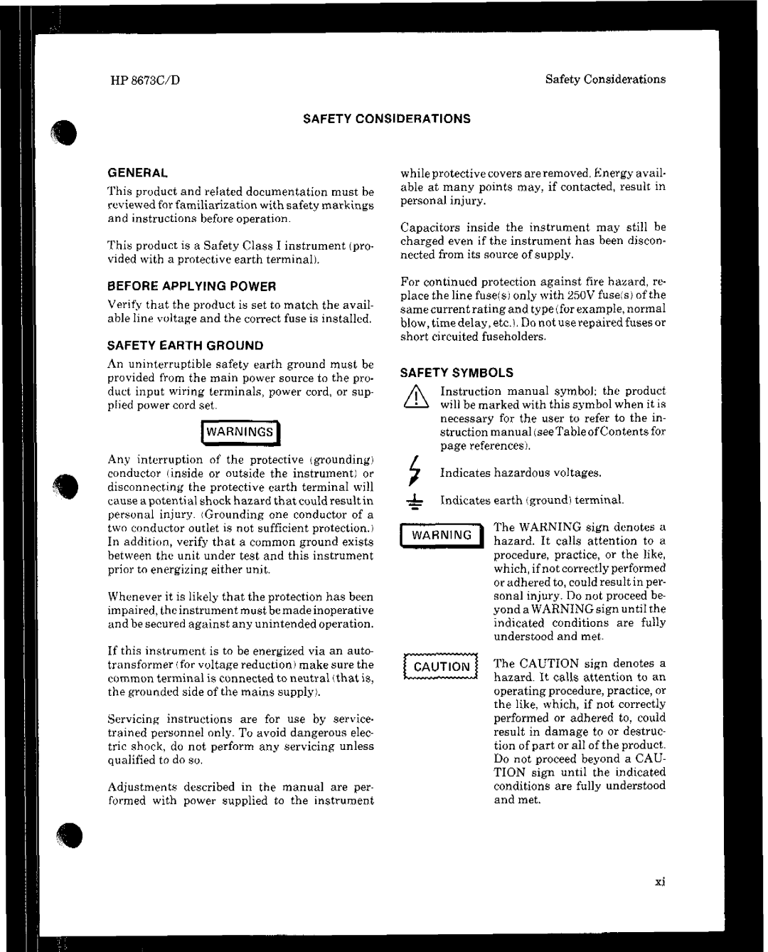 HP 8673 manual Indicates hazardous voltages Indicates earth ground terminal 