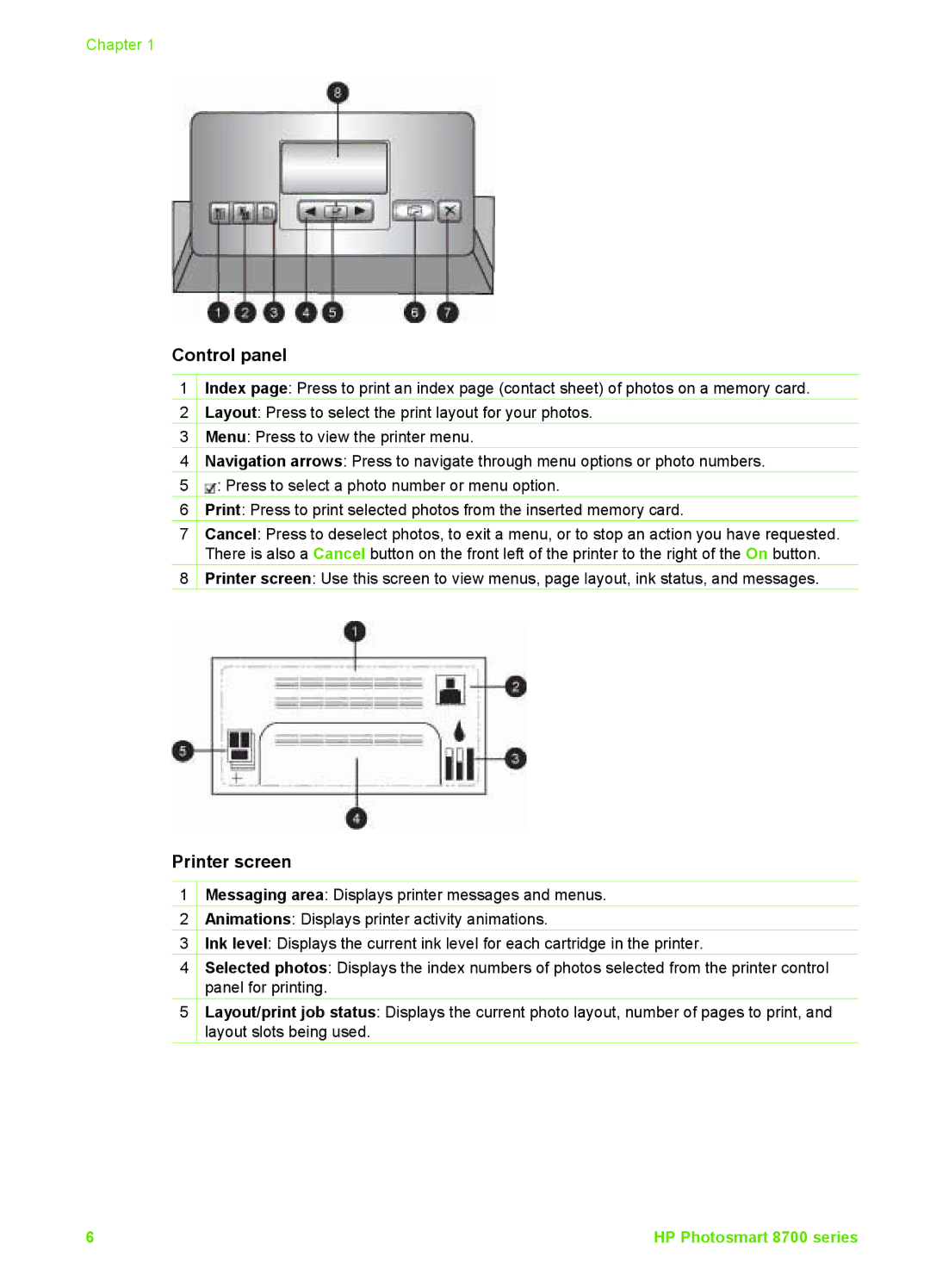 HP 8700 manual Control panel, Printer screen 