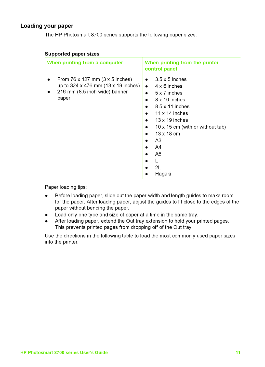 HP 8700 manual Loading your paper, Supported paper sizes 