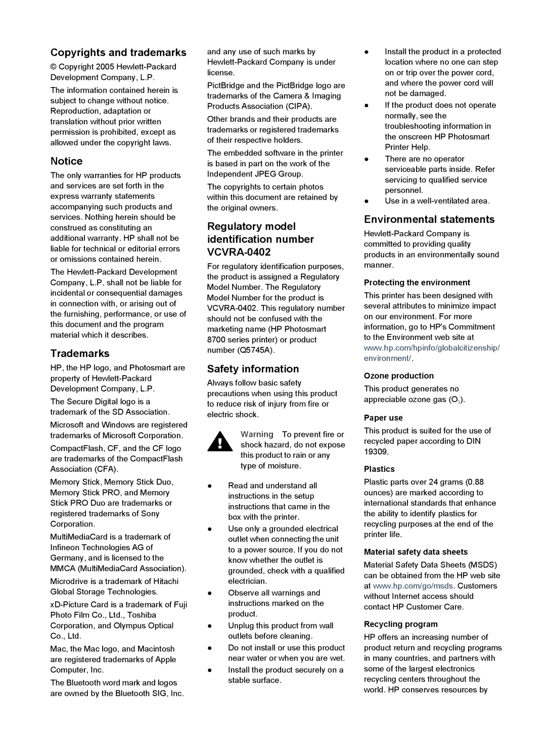 HP 8700 manual Copyrights and trademarks, Trademarks, Regulatory model identification number VCVRA-0402, Safety information 