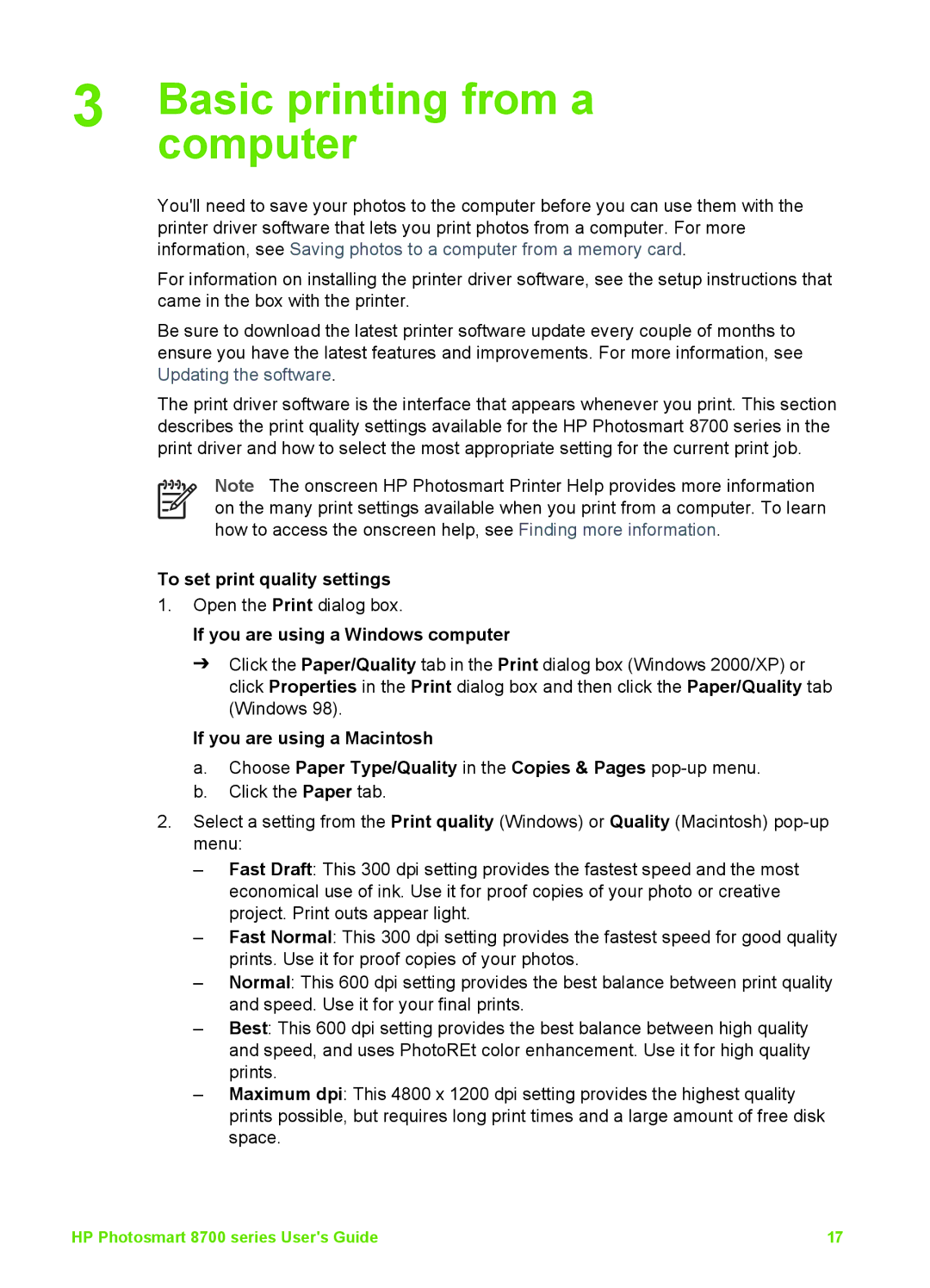 HP 8700 manual Basic printing from a, Computer, To set print quality settings, If you are using a Windows computer 