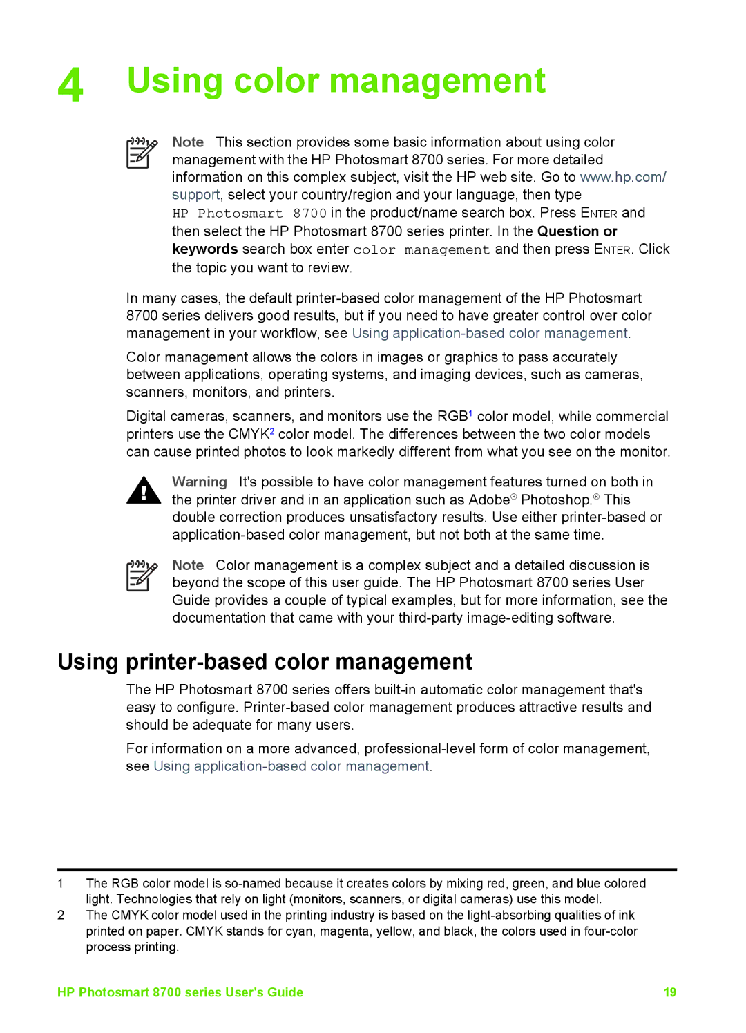 HP 8700 manual Using color management, Using printer-based color management 