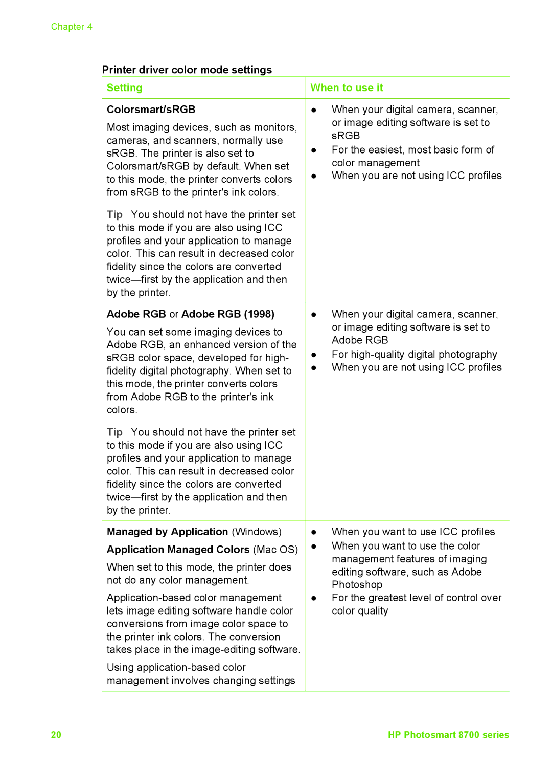 HP 8700 manual Printer driver color mode settings Setting When to use it, Colorsmart/sRGB, Adobe RGB or Adobe RGB 