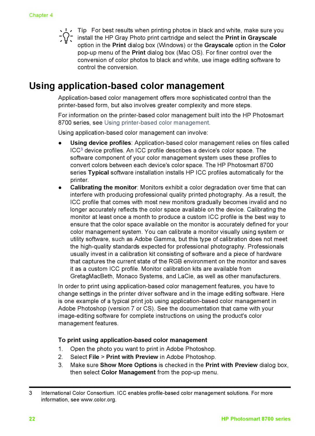 HP 8700 manual Using application-based color management, To print using application-based color management 