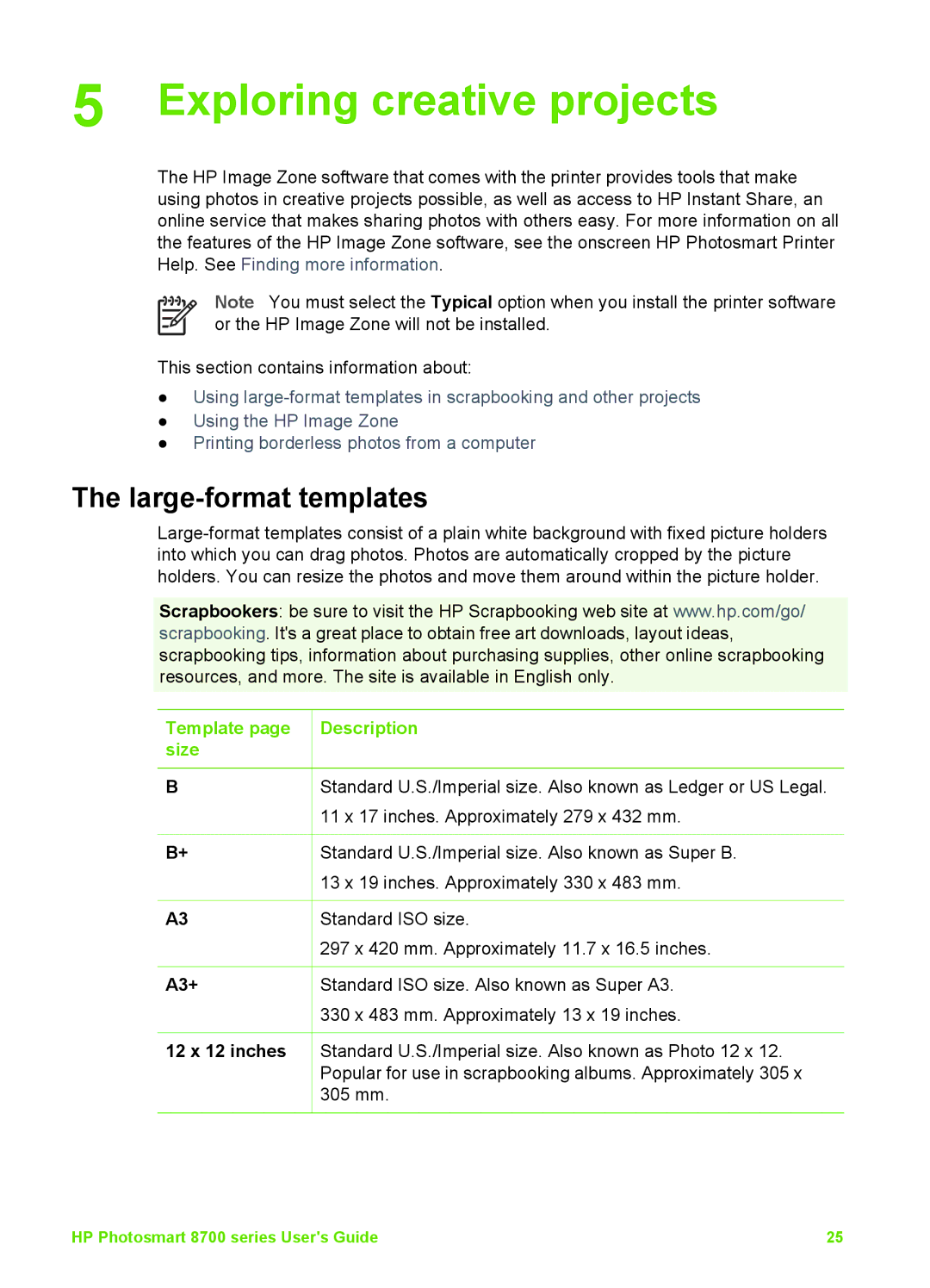 HP 8700 manual Exploring creative projects, Large-format templates, Template Description Size, A3+, 12 x 12 inches 