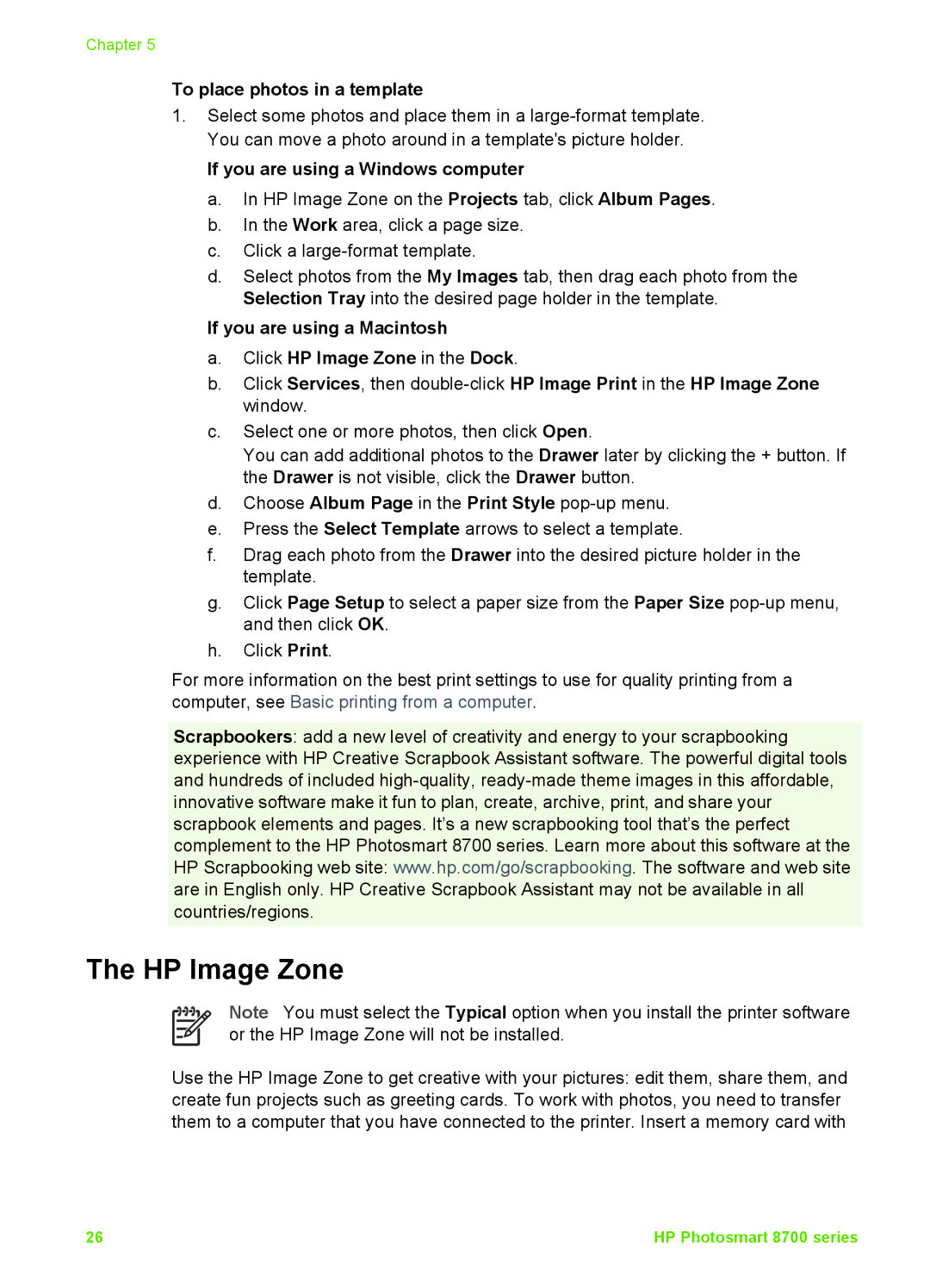 HP 8700 manual HP Image Zone, To place photos in a template 