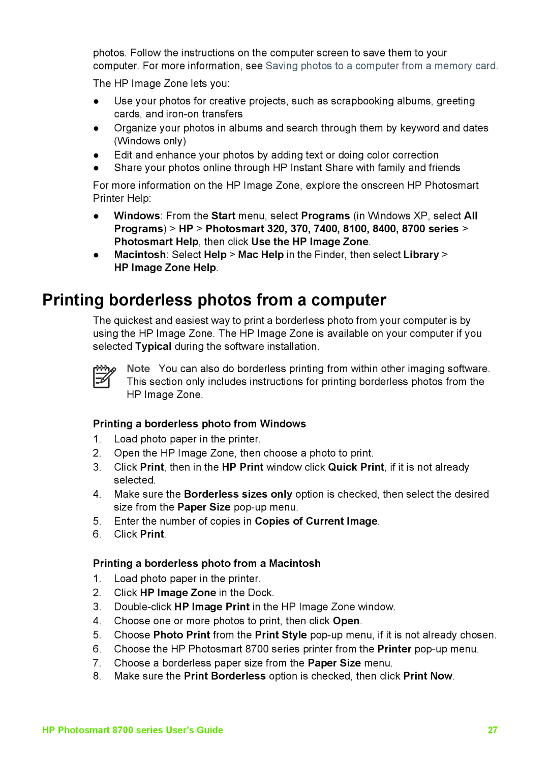 HP 8700 manual Printing borderless photos from a computer, Printing a borderless photo from Windows 