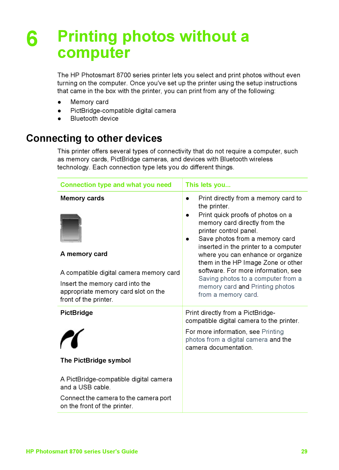 HP 8700 manual Printing photos without a, Connecting to other devices, Connection type and what you need Memory cards 