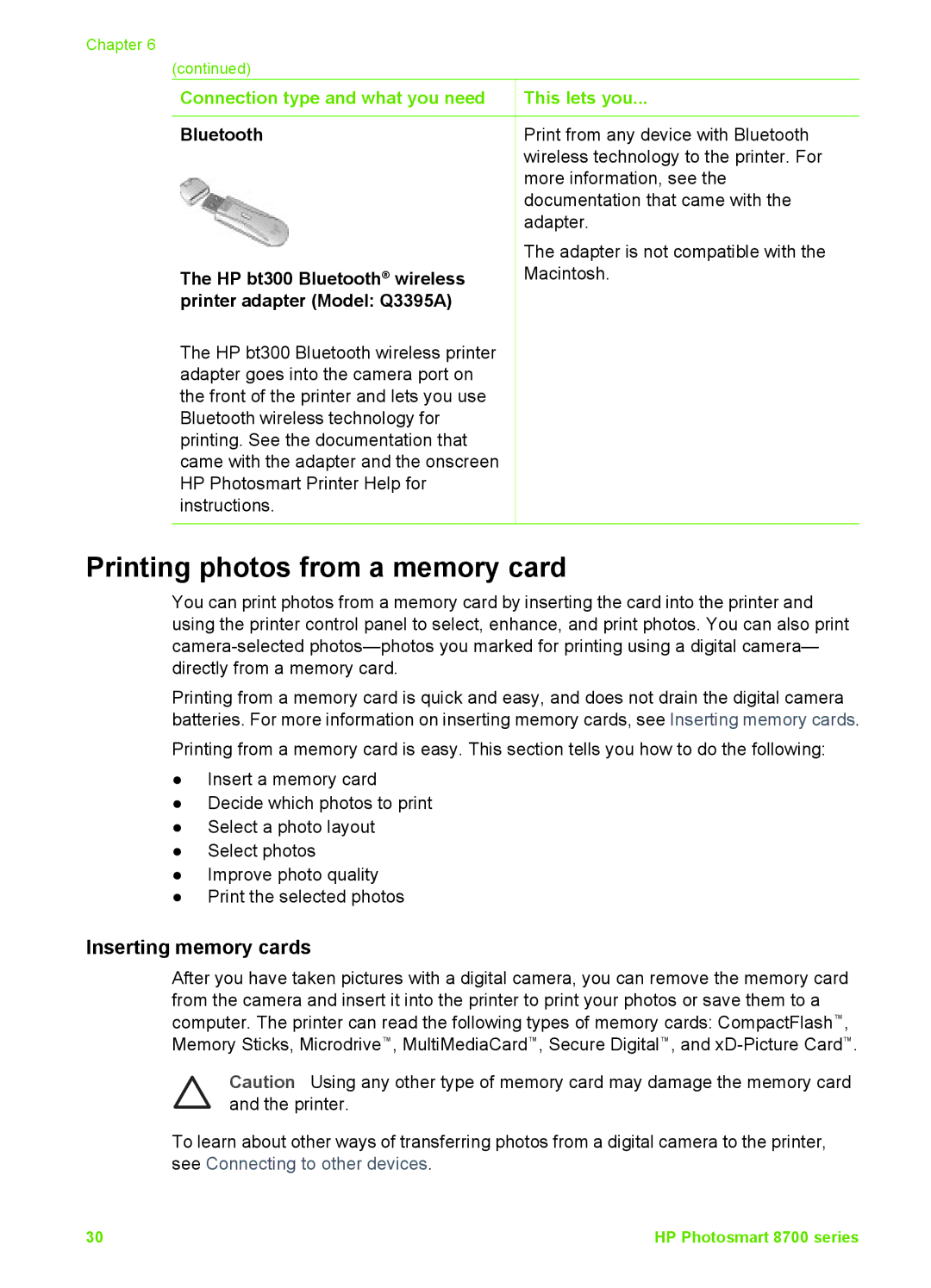 HP 8700 manual Printing photos from a memory card, Inserting memory cards, Connection type and what you need 